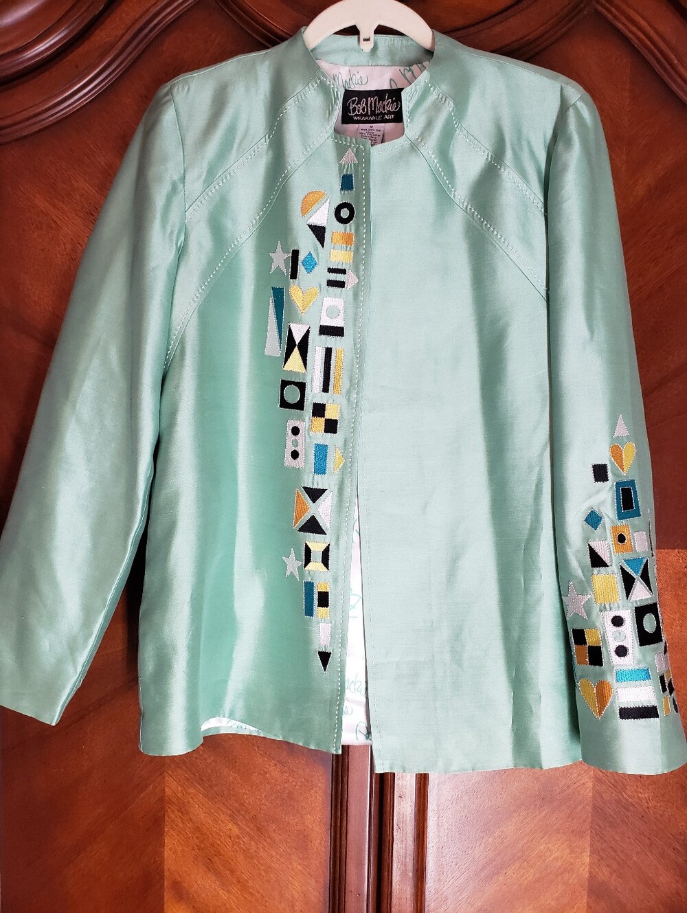 Bob Mackie Wearable Art 100% Silk Embroidered Festive Flag Jacket Mint Green M